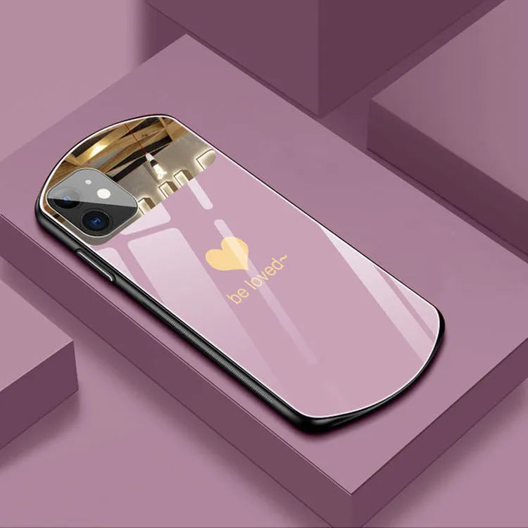 Mirror-finish iPhone case with the word Love, shown in pink, white, black, and wine red colour options.