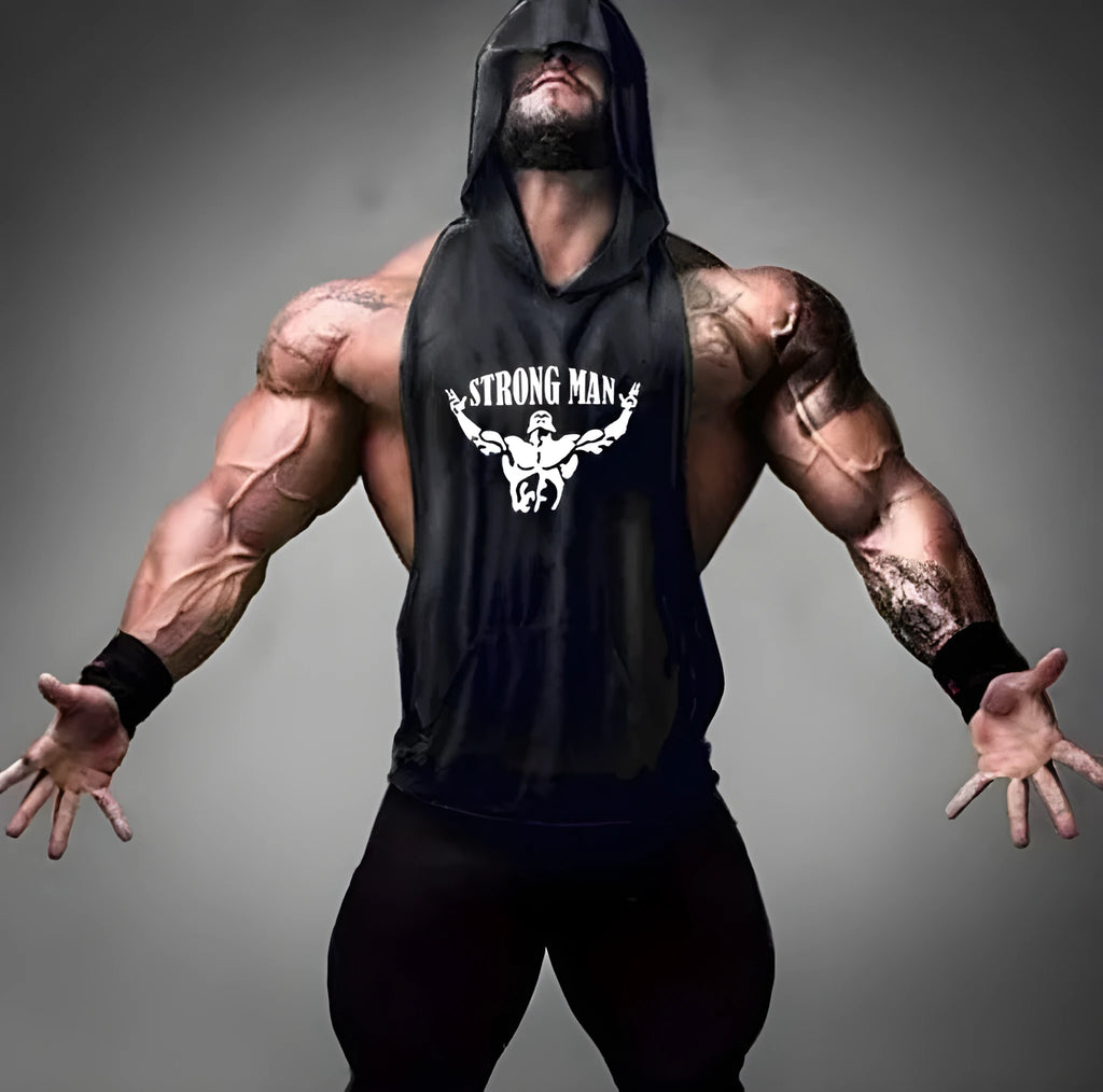 Men's cotton hooded fitness vest in black, front view, showing muscle fit and hood design.
