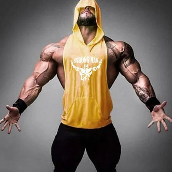 Men's cotton hooded fitness vest in black, front view, showing muscle fit and hood design.