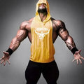Men's cotton hooded fitness vest in black, front view, showing muscle fit and hood design.