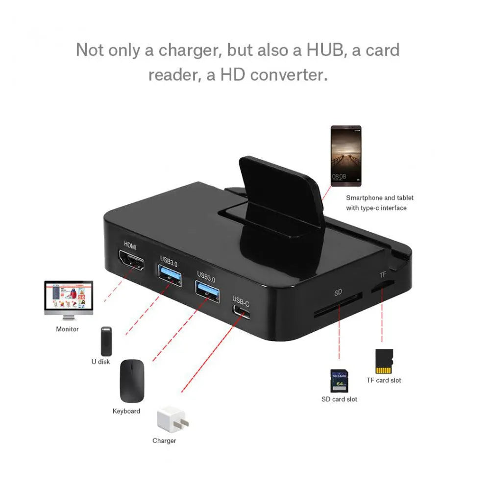 Black base mobile phone to HD dock converter for video output.