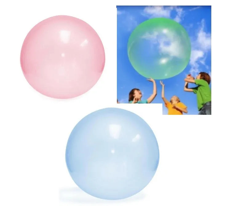 Assortment of large pink, yellow, green, and blue inflatable bubble balls in various sizes.
