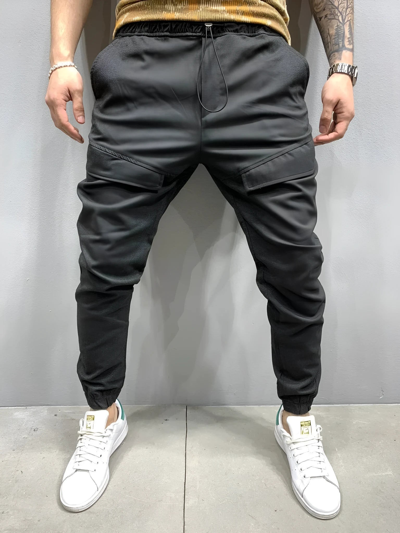 Men's casual trousers in black, loose fit, mid waist, polyester fabric with tie rope, sizes M to 3XL
