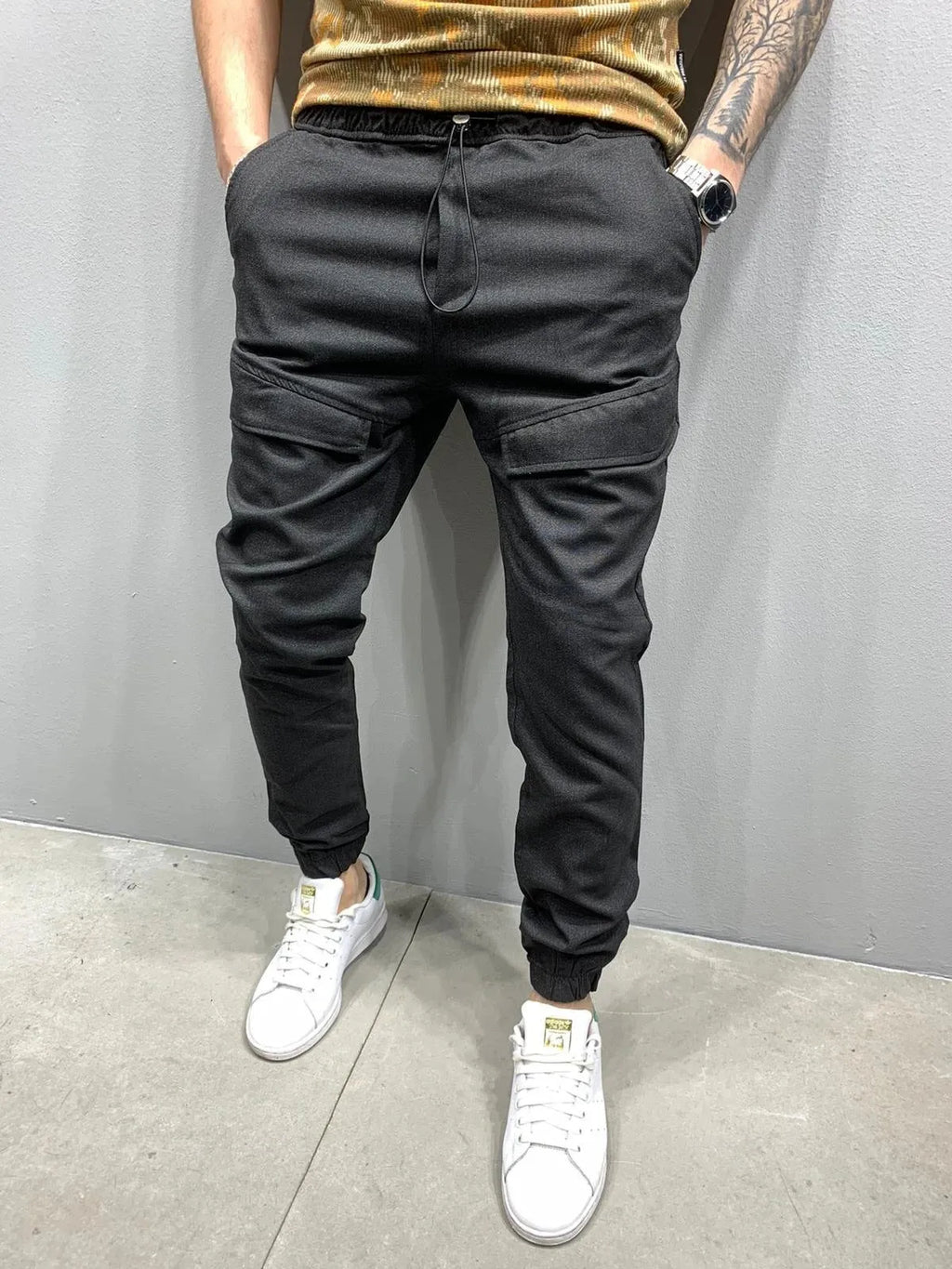 Men's casual trousers in black, loose fit, mid waist, polyester fabric with tie rope, sizes M to 3XL