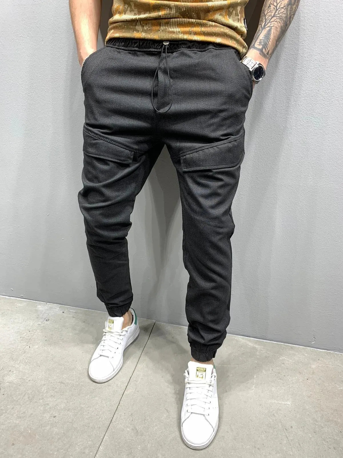Men's casual trousers in black, loose fit, mid waist, polyester fabric with tie rope, sizes M to 3XL