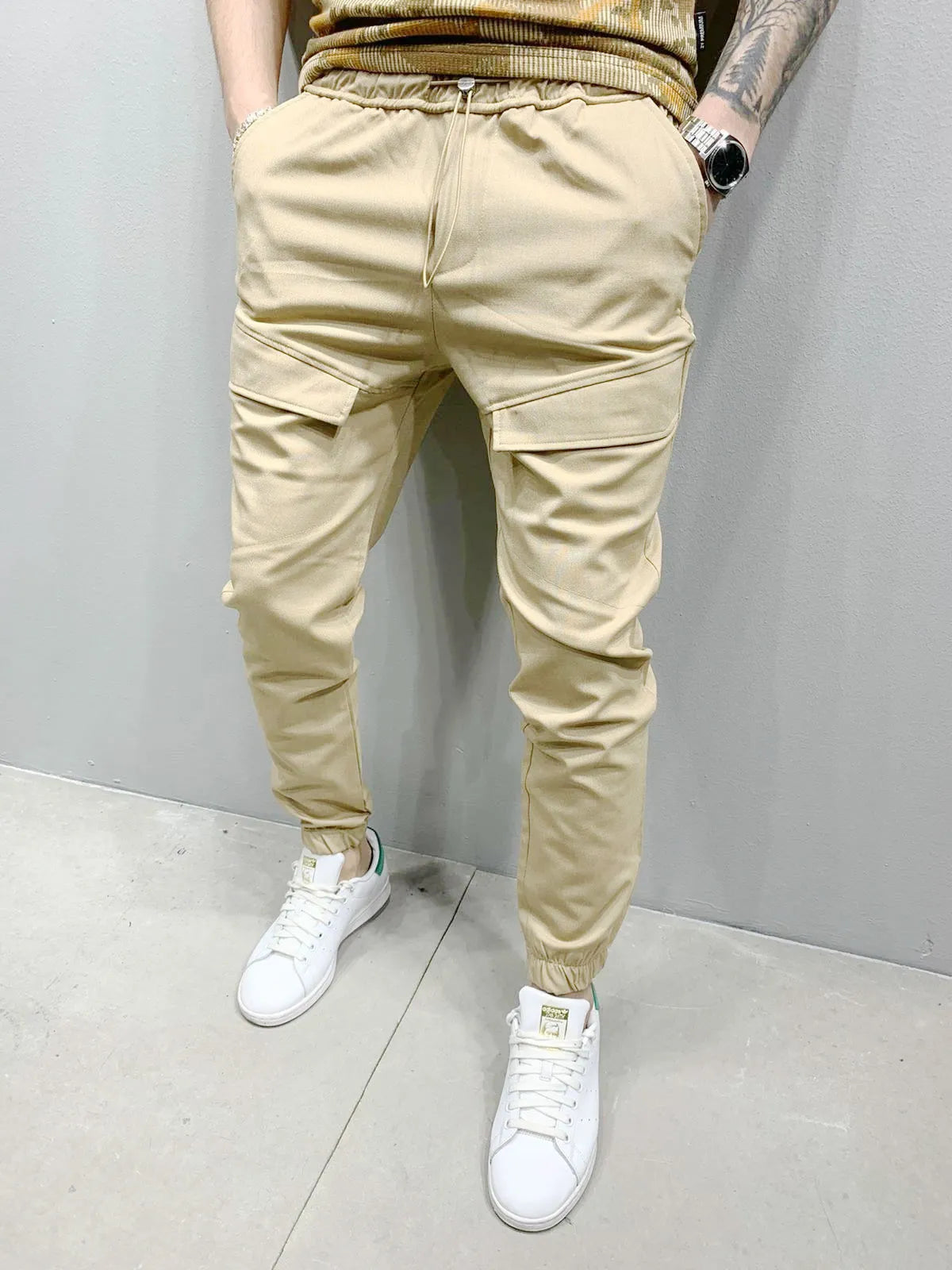Men's casual trousers in black, loose fit, mid waist, polyester fabric with tie rope, sizes M to 3XL