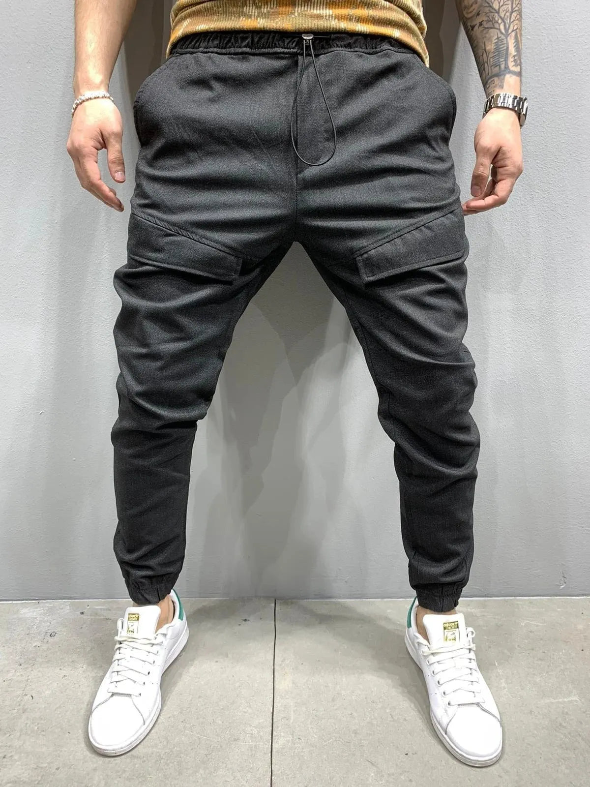 Men's casual trousers in black, loose fit, mid waist, polyester fabric with tie rope, sizes M to 3XL
