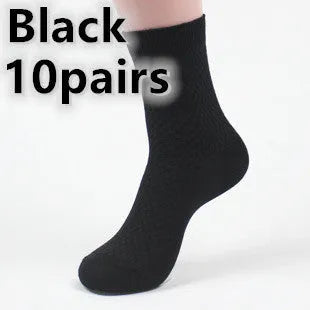 Men's bamboo fibre crew sock with small square pattern in black, navy, grey, and grey-blue colours.