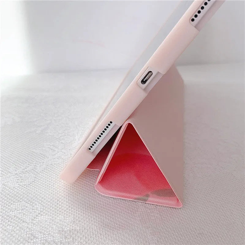 iPad protective case in peach or strawberry TPU leather with clamshell holster cover and painted fruit design