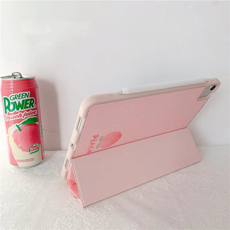 iPad protective case in peach or strawberry TPU leather with clamshell holster cover and painted fruit design
