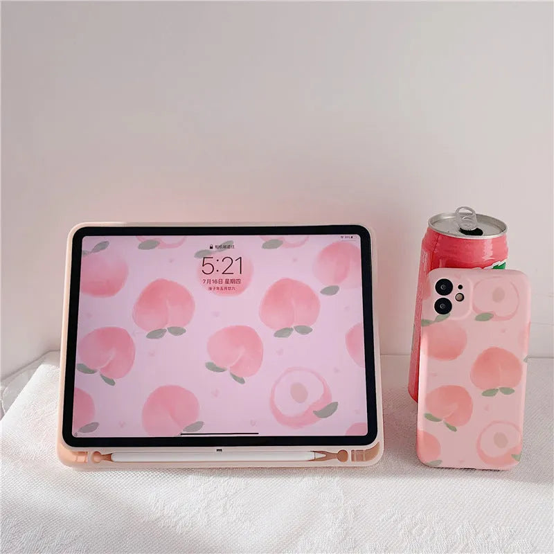 iPad protective case in peach or strawberry TPU leather with clamshell holster cover and painted fruit design
