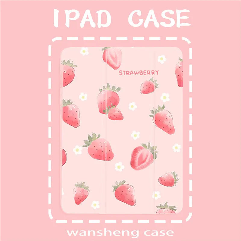 iPad protective case in peach or strawberry TPU leather with clamshell holster cover and painted fruit design