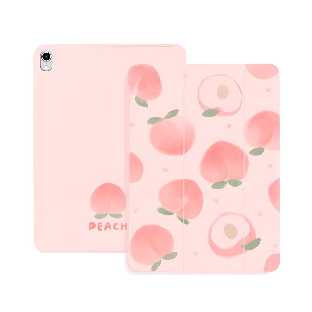 iPad protective case in peach or strawberry TPU leather with clamshell holster cover and painted fruit design