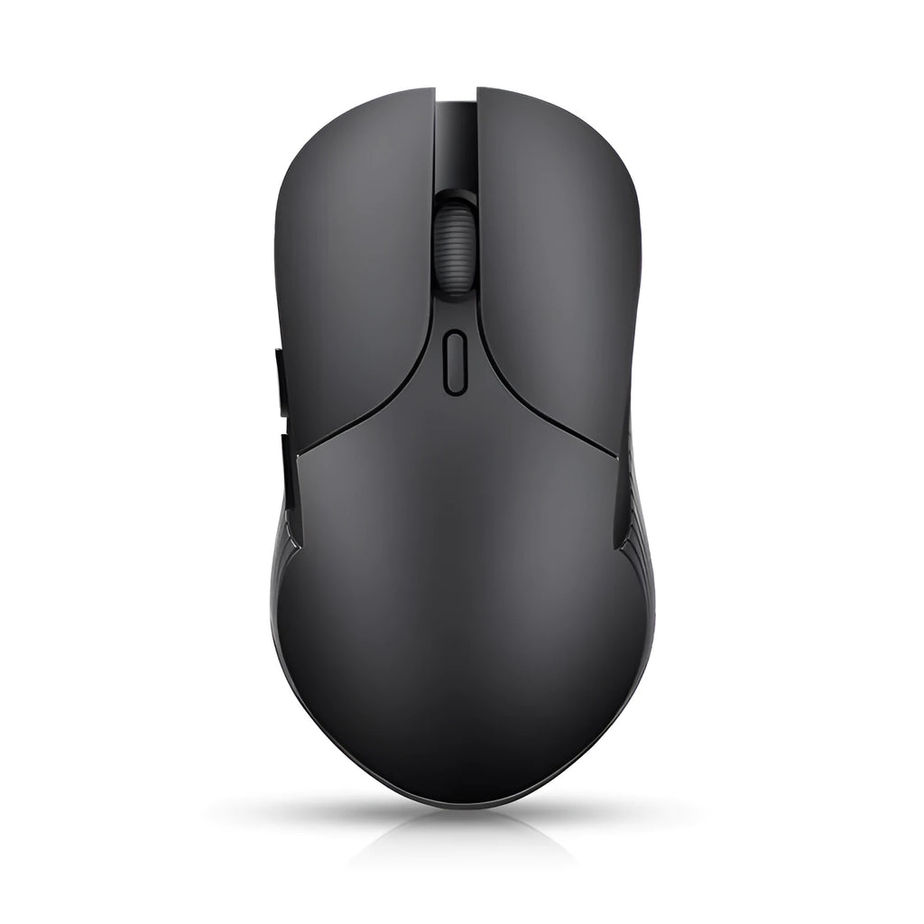 Blue wireless computer mouse with voice translation feature on a desk.