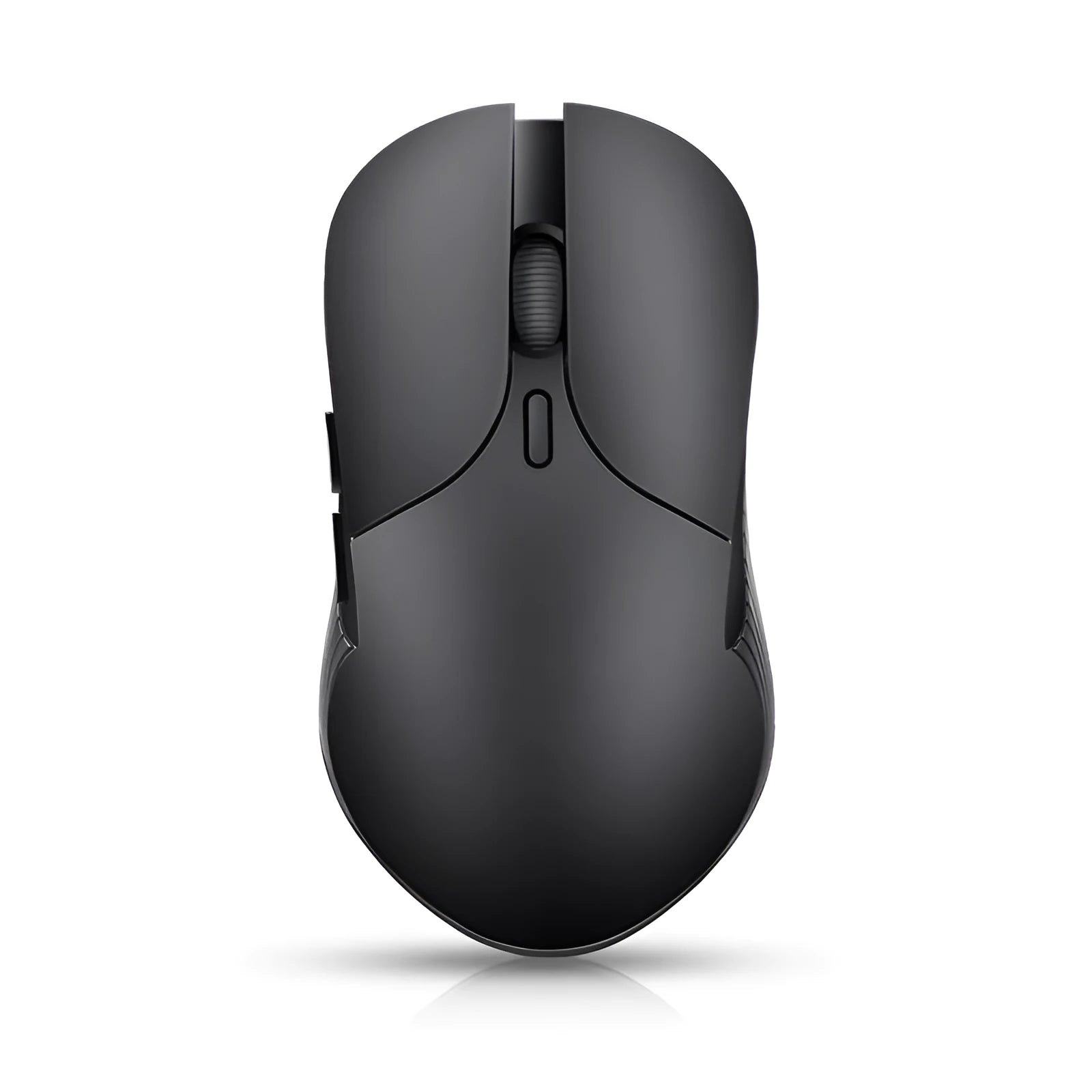 Blue wireless computer mouse with voice translation feature on a desk.