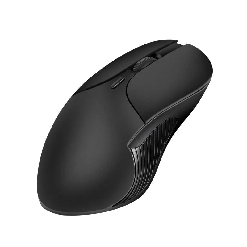 Blue wireless computer mouse with voice translation feature on a desk.