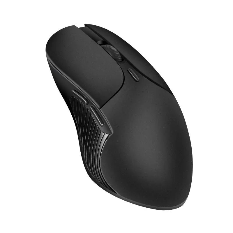Blue wireless computer mouse with voice translation feature on a desk.