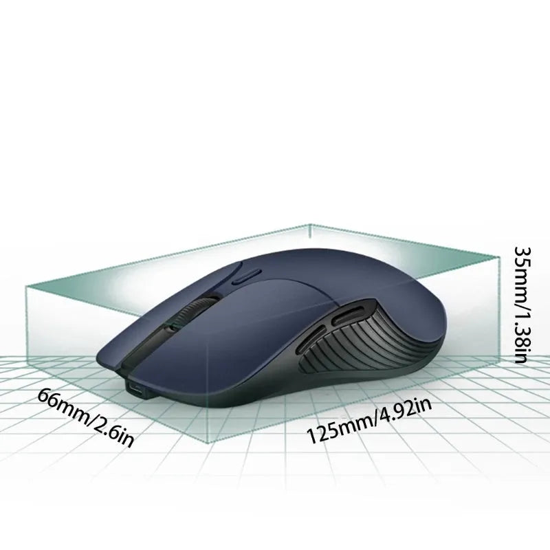 Blue wireless computer mouse with voice translation feature on a desk.