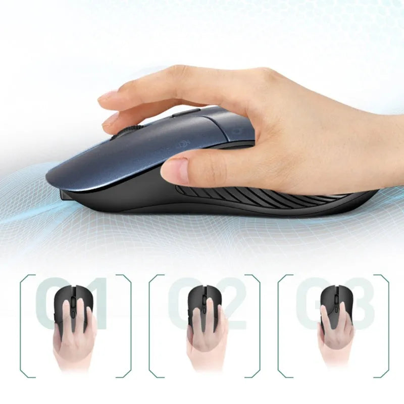 Blue wireless computer mouse with voice translation feature on a desk.