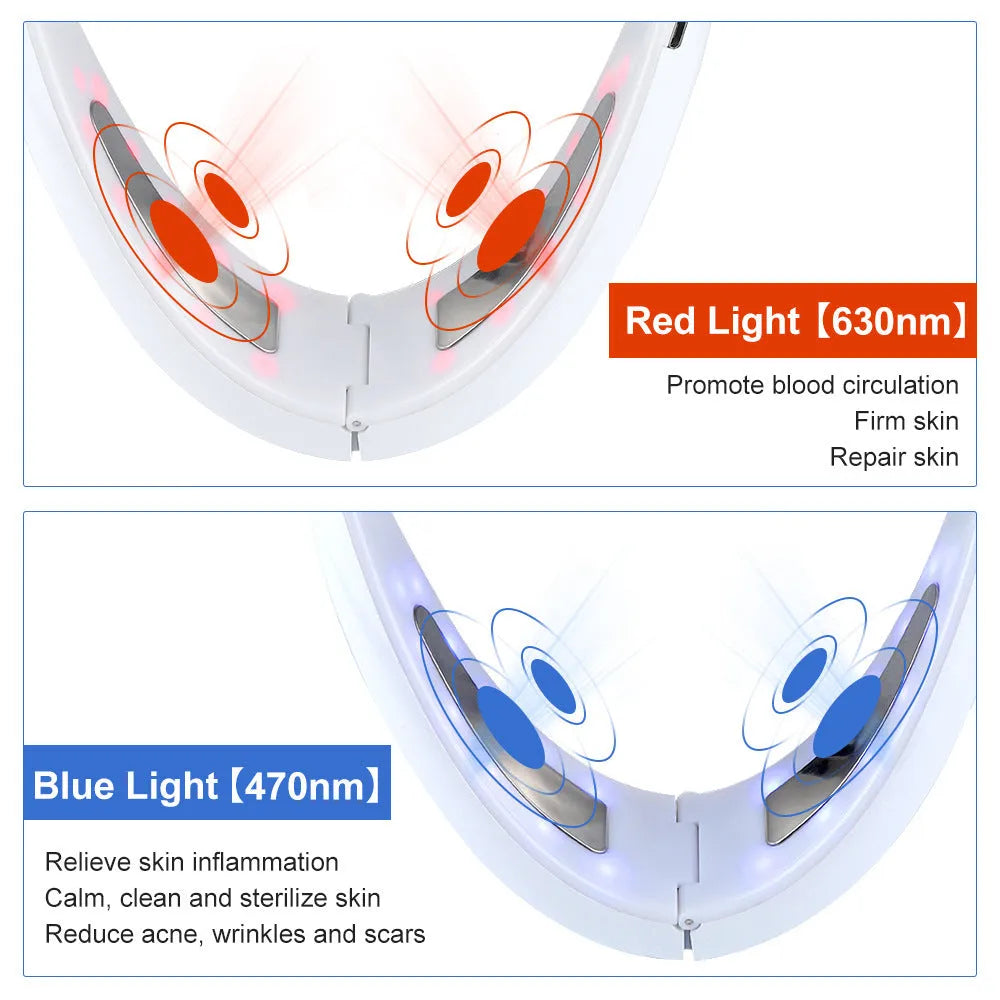 White handheld facial lifting device with red and blue light therapy LEDs