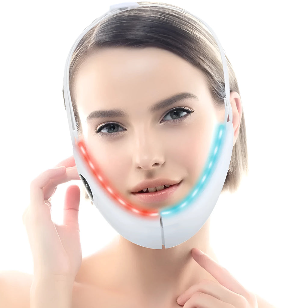 White handheld facial lifting device with red and blue light therapy LEDs