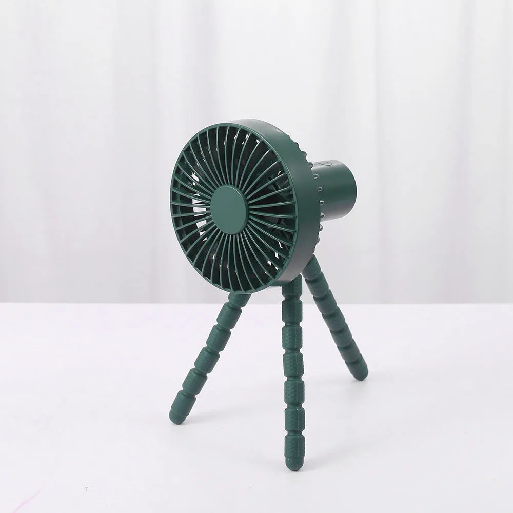 Small portable desktop fan with bendable neck on an octopus tripod, showing black, green, pink, and white colour options.