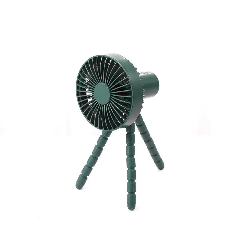 Small portable desktop fan with bendable neck on an octopus tripod, showing black, green, pink, and white colour options.