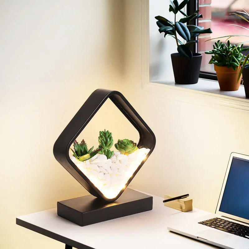 Black creative table lamp with metal holder and push button switch on stand