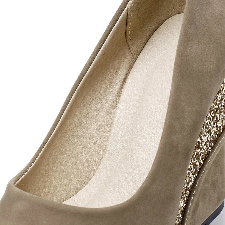 Women's suede platform wedge pumps mixed colour peep toe high heel shoes with viscose sole, size range 33-42