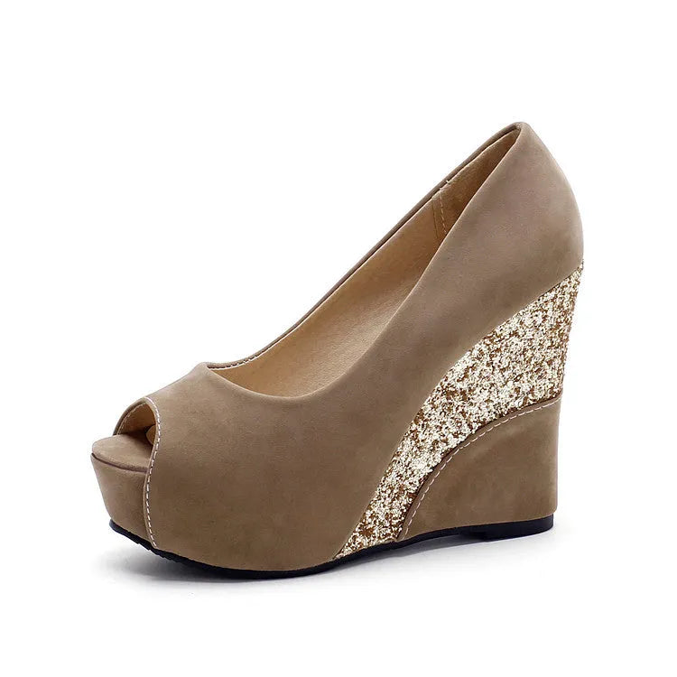 Women's suede platform wedge pumps mixed colour peep toe high heel shoes with viscose sole, size range 33-42