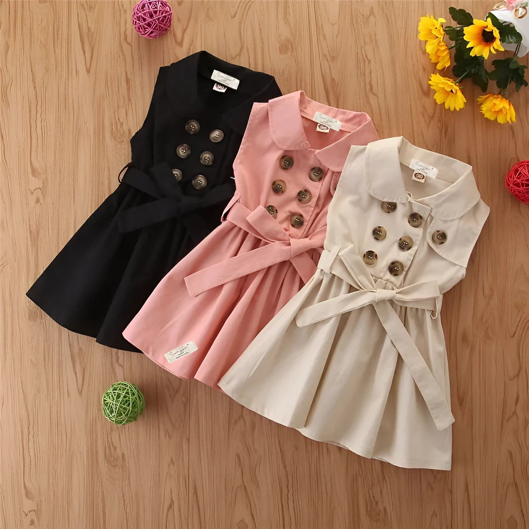 Toddler girl's sleeveless cotton princess dress in A-line style with sash and button fastening