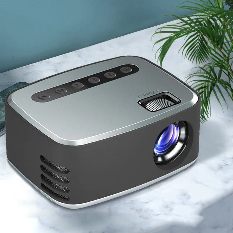 Mini portable 1080P HD projector with ABS body, shown in silver or yellow, for home use