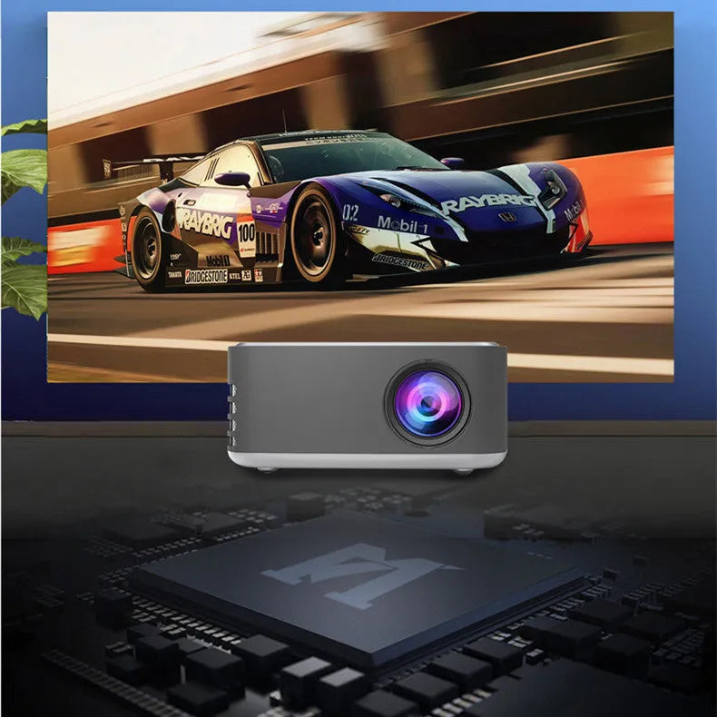 Mini portable 1080P HD projector with ABS body, shown in silver or yellow, for home use