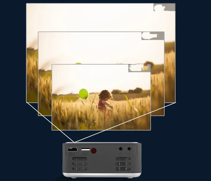 Mini portable 1080P HD projector with ABS body, shown in silver or yellow, for home use