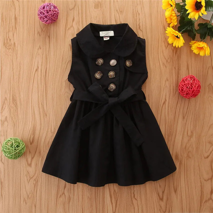 Toddler girl's sleeveless cotton princess dress in A-line style with sash and button fastening