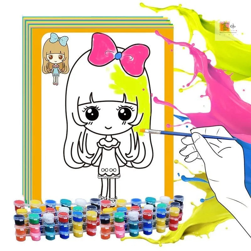 Children's gouache painting set showing 50 pre-printed boards, 8 rows of pigments, 8 pens, and a palette on a table.
