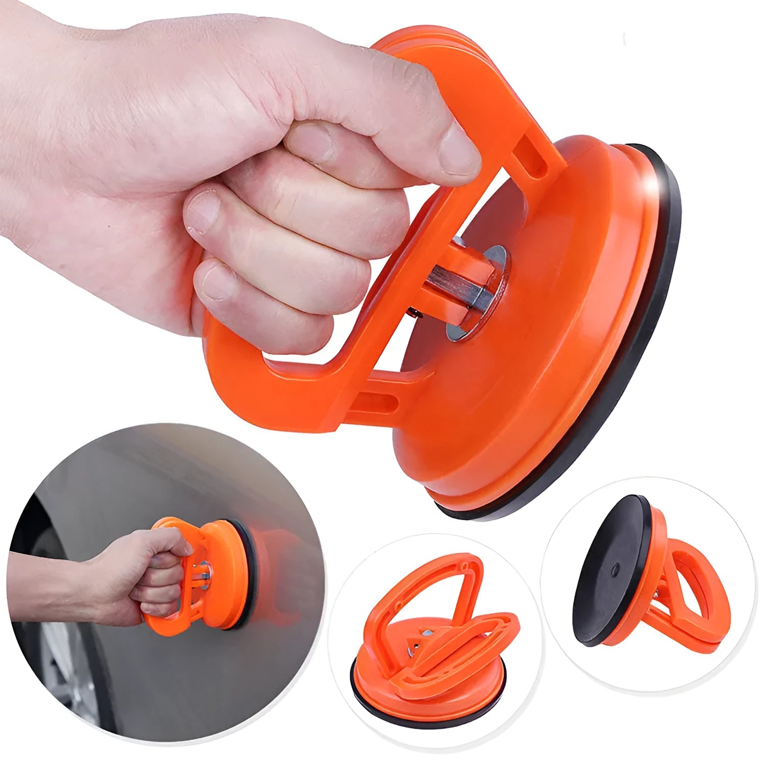 PDR car dent repair tool with large orange suction cup and plastic handle