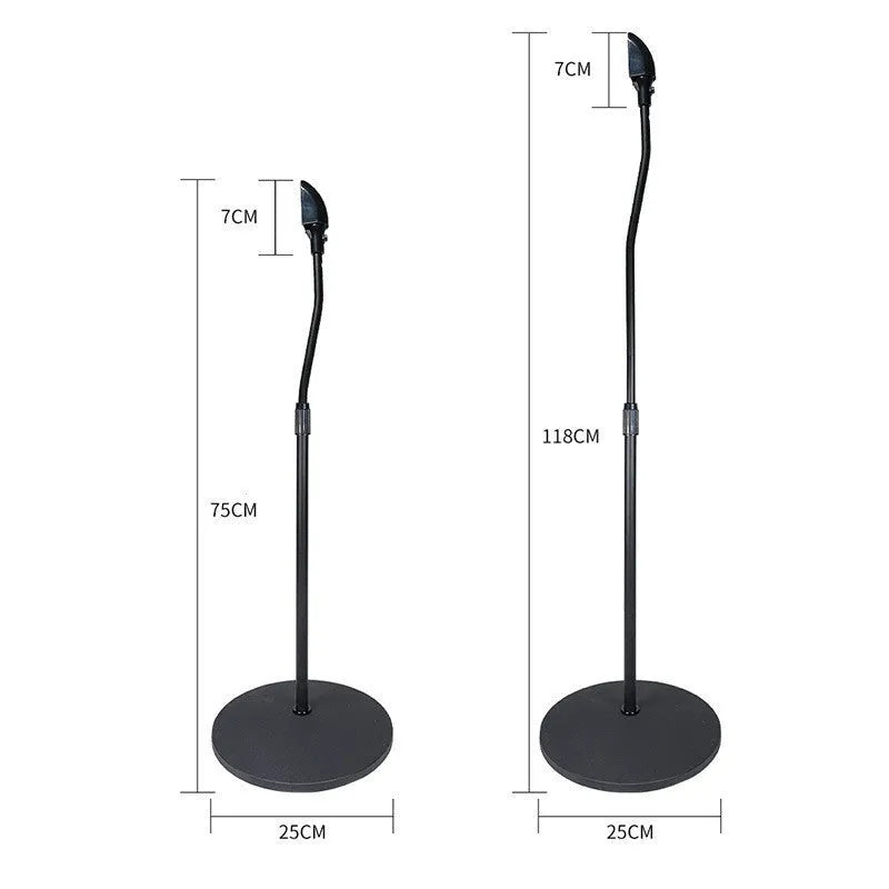 Black tripod speaker stand holding an iPhone for use as a bookshelf satellite speaker.