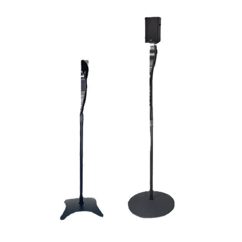 Black tripod speaker stand holding an iPhone for use as a bookshelf satellite speaker.