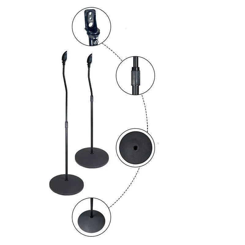 Black tripod speaker stand holding an iPhone for use as a bookshelf satellite speaker.