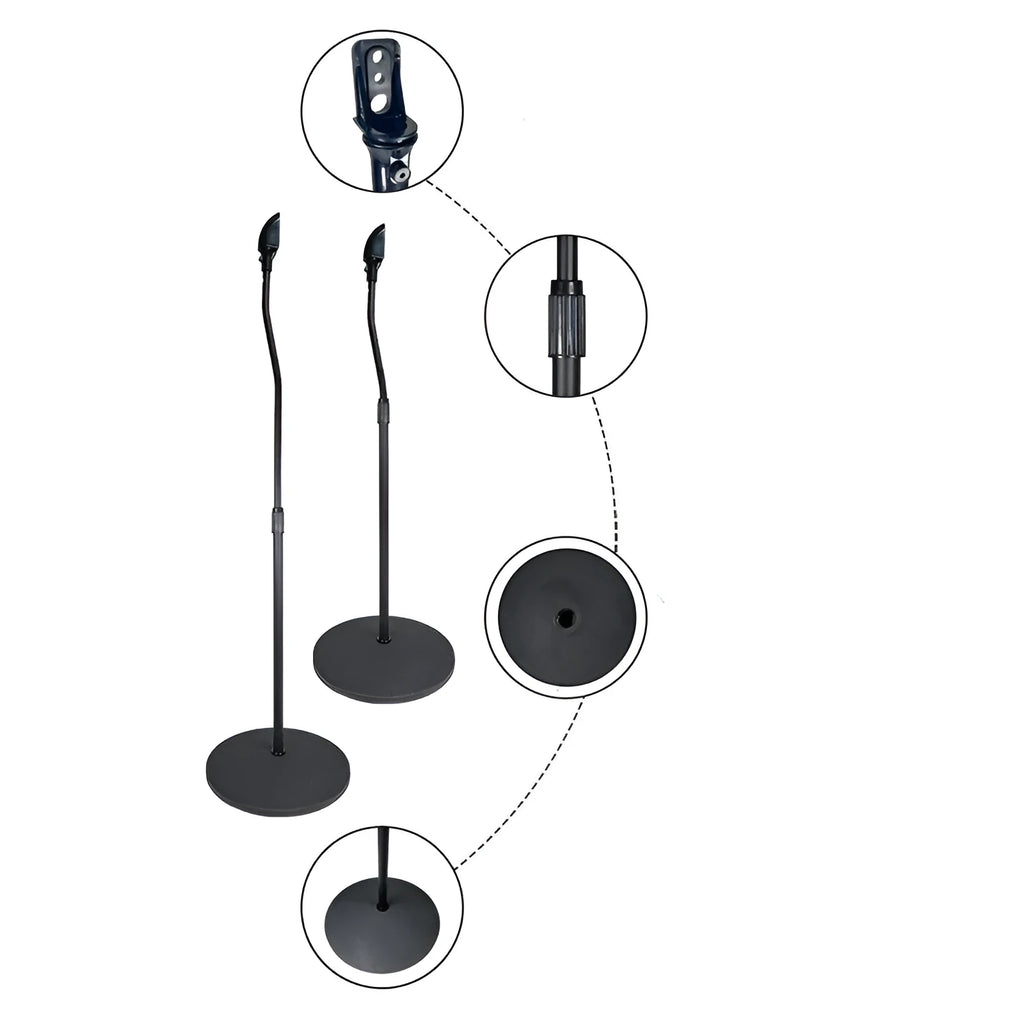 Black tripod speaker stand holding an iPhone for use as a bookshelf satellite speaker.