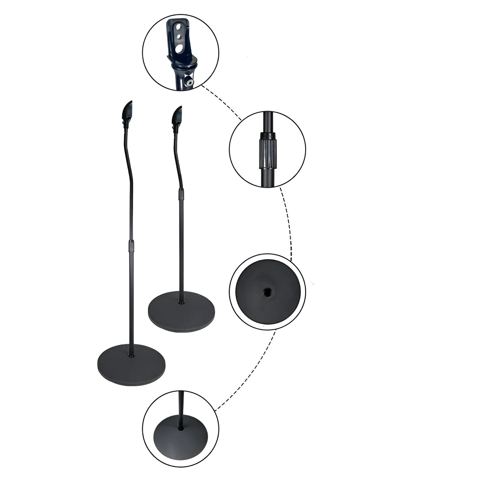 Black tripod speaker stand holding an iPhone for use as a bookshelf satellite speaker.