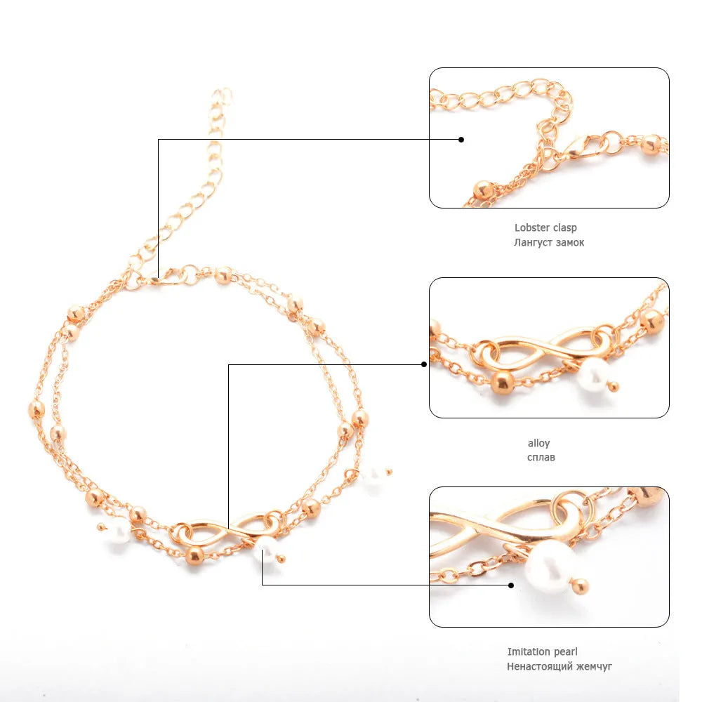 Women's alloy anklet with 8-shaped double-layer pearls, drop shape, golden or silver electroplated finish
