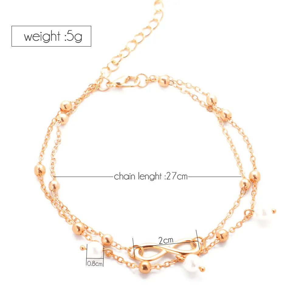 Women's alloy anklet with 8-shaped double-layer pearls, drop shape, golden or silver electroplated finish