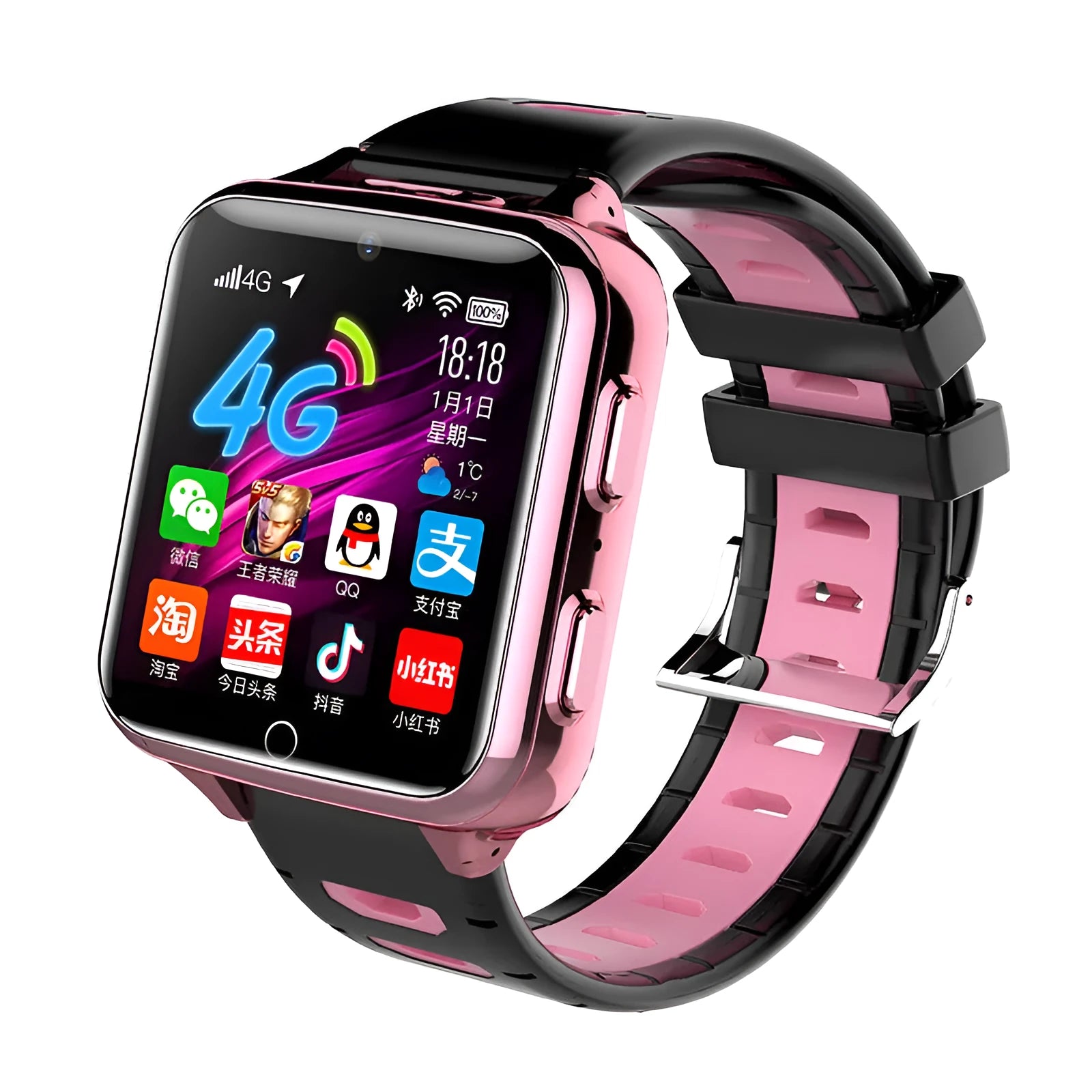 Children's smart watch with 1.54-inch screen and silicone wristband in black, blue, or pink colours