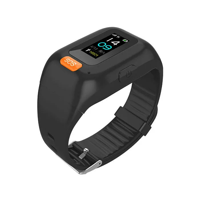 Black elderly positioning bracelet call tracker with touch screen worn on wrist on a white background