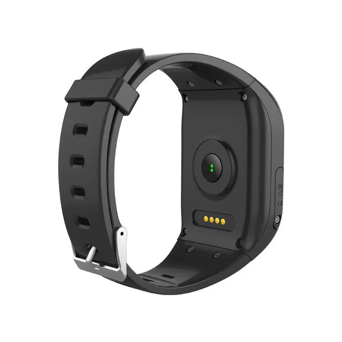 Black elderly positioning bracelet call tracker with touch screen worn on wrist on a white background