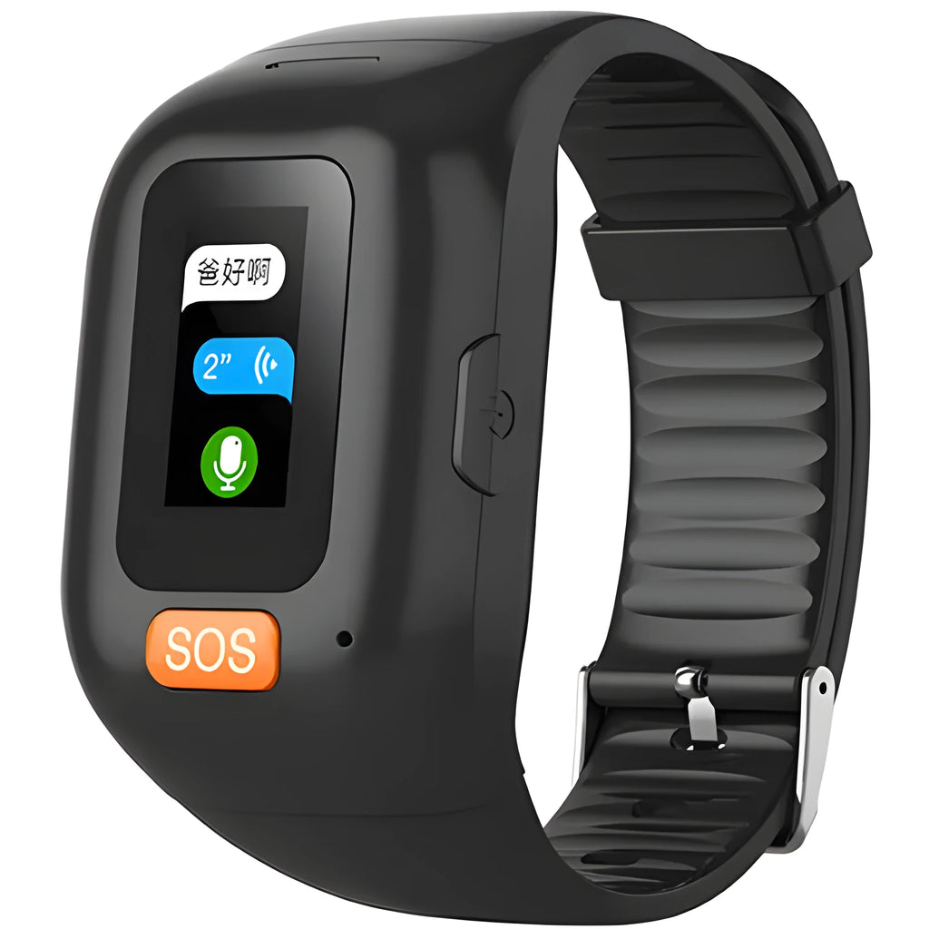 Black elderly positioning bracelet call tracker with touch screen worn on wrist on a white background