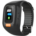 Black elderly positioning bracelet call tracker with touch screen worn on wrist on a white background