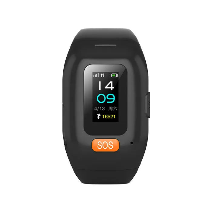 Black elderly positioning bracelet call tracker with touch screen worn on wrist on a white background